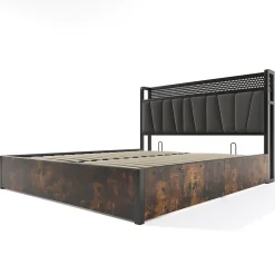 Lit 160x200 cm avec tête de lit LED RGBW, coffre de rangement, cadre métal et revêtement lin gris contemporain