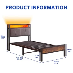 Lit 90x200 cm avec tête de lit haute et LED multicolore, station de charge USB intégrée et cadre métal