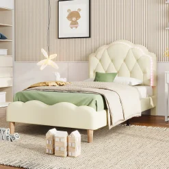 Lit 90x200 cm avec tête de lit ondulée et bande LED multicolore intégrée, tapissé PU beige, lattes en bois
