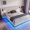 Lit 180x200 cm avec tête de lit à spots, LED multicolore intégrée et port USB, habillage lin beige