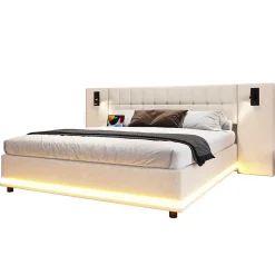 Lit 180x200 cm avec tête de lit à spots, LED multicolore intégrée et port USB, habillage lin beige