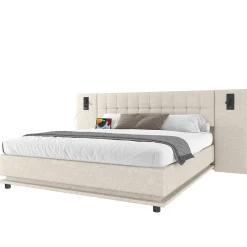 Lit 180x200 cm avec tête de lit à spots, LED multicolore intégrée et port USB, habillage lin beige