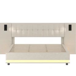 Lit 180x200 cm avec tête de lit à spots, LED multicolore intégrée et port USB, habillage lin beige
