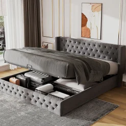 Lit 180x200 cm avec tête de lit capitonnée en velours gris et rangement hydraulique, cadre bois et métal