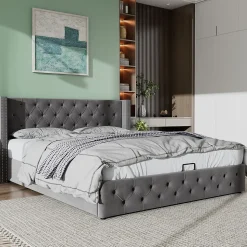 Lit 180x200 cm avec tête de lit capitonnée en velours gris et rangement hydraulique, cadre bois et métal