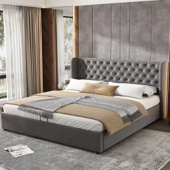 Lit 180x200 cm avec tête de lit capitonnée en velours, coffre hydraulique intégré et cadre bois/métal gris