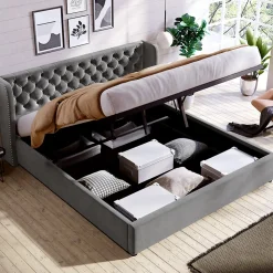 Lit 180x200 cm avec tête de lit capitonnée en velours, coffre hydraulique intégré et cadre bois/métal gris