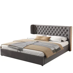 Lit 180x200 cm avec tête de lit capitonnée en velours, coffre hydraulique intégré et cadre bois/métal gris