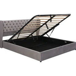 Lit 180x200 cm avec tête de lit capitonnée en velours, coffre hydraulique intégré et cadre bois/métal gris