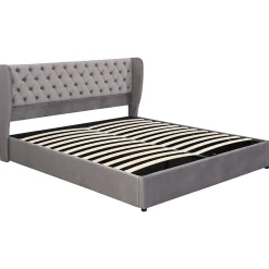 Lit 180x200 cm avec tête de lit capitonnée en velours, coffre hydraulique intégré et cadre bois/métal gris