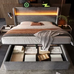 Lit 180x200 cm avec tête de lit haute tapissée lin, rangement hydraulique, LED intégrée et port USB/Type-C