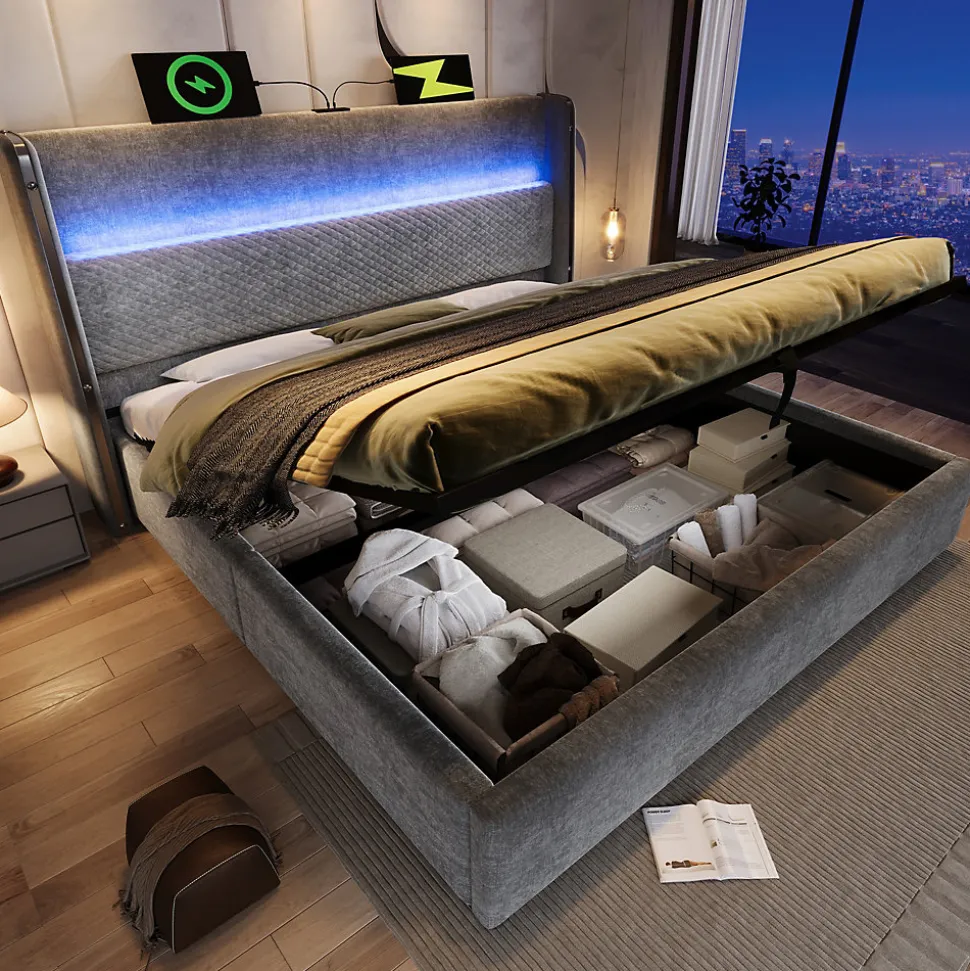 Lit 180x200 cm avec tête de lit haute tapissée lin, rangement hydraulique, LED intégrée et port USB/Type-C