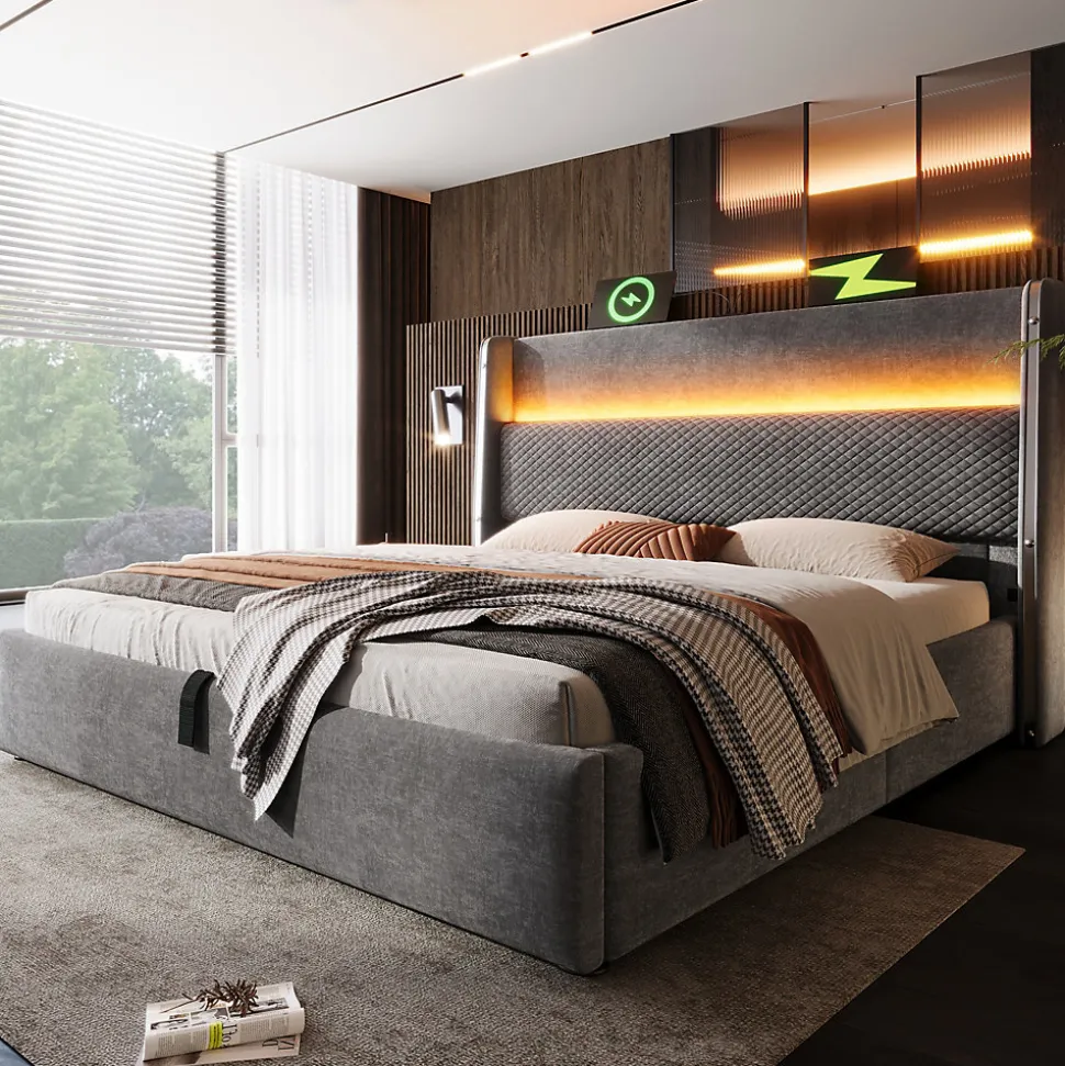 Lit 180x200 cm avec tête de lit haute tapissée lin, rangement hydraulique, LED intégrée et port USB/Type-C