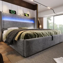 Lit 180x200 cm avec tête de lit haute tapissée lin, rangement hydraulique, LED intégrée et port USB/Type-C