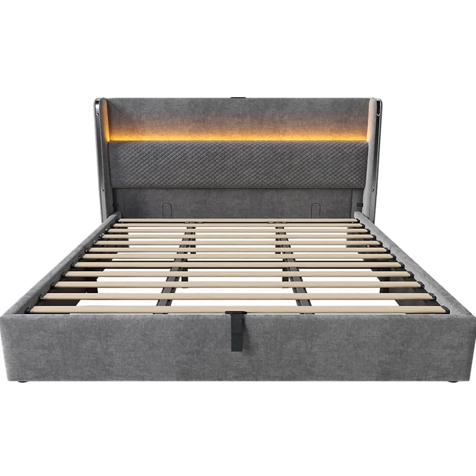 Lit 180x200 cm avec tête de lit haute tapissée lin, rangement hydraulique, LED intégrée et port USB/Type-C