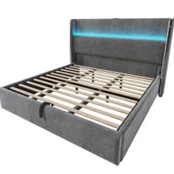 Lit 180x200 cm avec tête de lit haute tapissée lin, rangement hydraulique, LED intégrée et port USB/Type-C