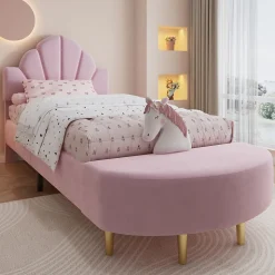 Lit 90x200 cm avec tête de lit en velours rose et banquette assortie, cadre métal robuste et stable