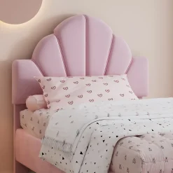 Lit 90x200 cm avec tête de lit en velours rose et banquette assortie, cadre métal robuste et stable