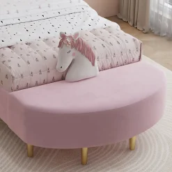 Lit 90x200 cm avec tête de lit en velours rose et banquette assortie, cadre métal robuste et stable