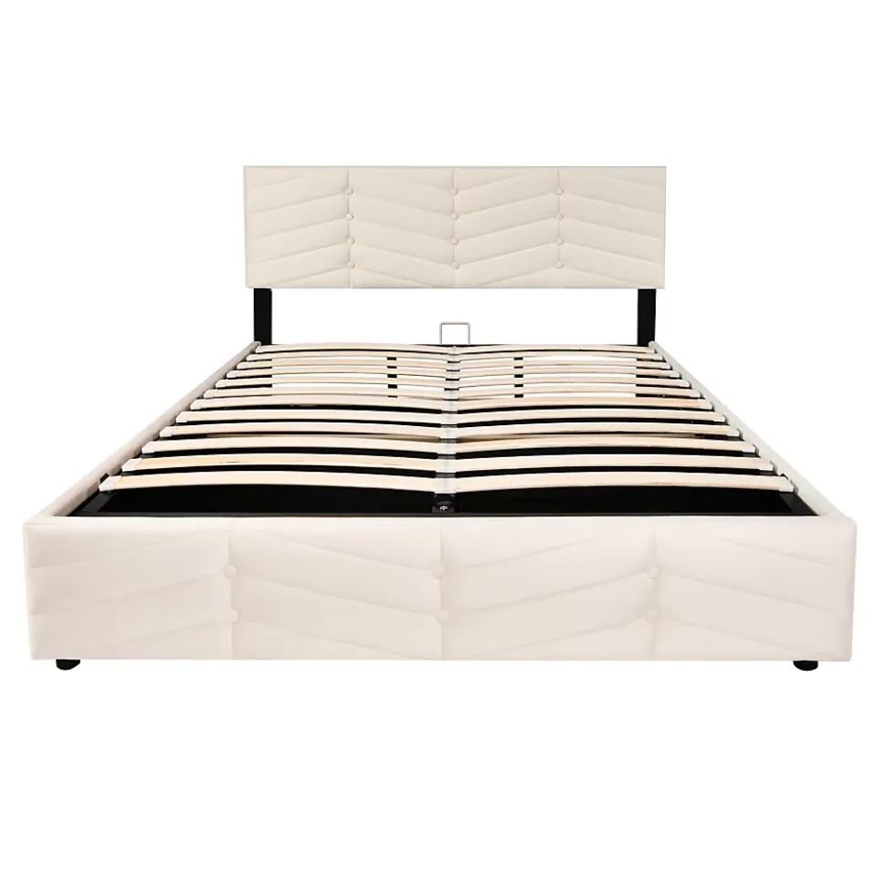 Lit 140x200 cm avec tête de lit réglable et revêtement velours hollandais beige, cadre robuste à lattes bois