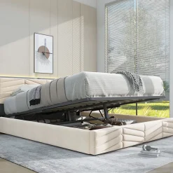 Lit 140x200 cm avec tête de lit réglable et revêtement velours hollandais beige, cadre robuste à lattes bois