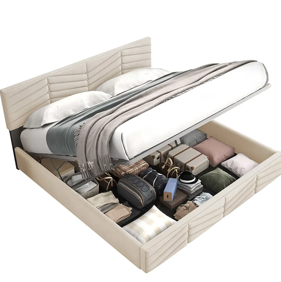 Lit 140x200 cm avec tête de lit réglable et revêtement velours hollandais beige, cadre robuste à lattes bois