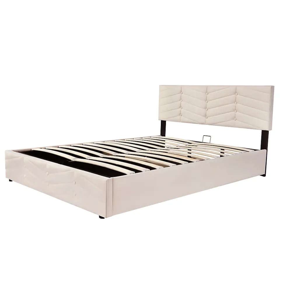 Lit 140x200 cm avec tête de lit réglable et revêtement velours hollandais beige, cadre robuste à lattes bois