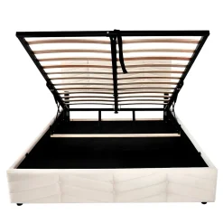 Lit 140x200 cm avec tête de lit réglable et revêtement velours hollandais beige, cadre robuste à lattes bois