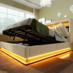 Lit 140x200 cm avec tête de lit LED et ports USB/Type-C, rangement hydraulique, revêtement lin beige