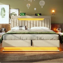 Lit 140x200 cm avec tête de lit LED et ports USB/Type-C, rangement hydraulique, revêtement lin beige
