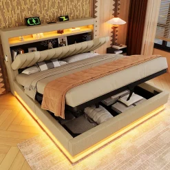 Lit 140x200 cm avec tête de lit LED et ports USB/Type-C, rangement hydraulique, revêtement lin beige