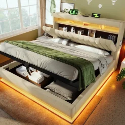 Lit 140x200 cm avec tête de lit LED et ports USB/Type-C, rangement hydraulique, revêtement lin beige