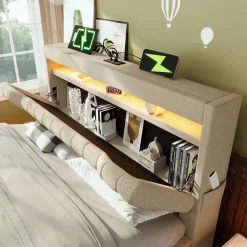 Lit 140x200 cm avec tête de lit LED et ports USB/Type-C, rangement hydraulique, revêtement lin beige