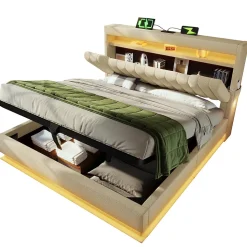 Lit 140x200 cm avec tête de lit LED et ports USB/Type-C, rangement hydraulique, revêtement lin beige