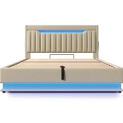 Lit 140x200 cm avec tête de lit LED et ports USB/Type-C, rangement hydraulique, revêtement lin beige