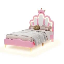 Lit 90x200 cm avec tête de lit en forme de couronne, éclairage LED réglable et revêtement PU rose