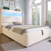 Lit 90x200 cm avec tête de lit haute tapissée lin beige, rangement hydraulique et éclairage LED