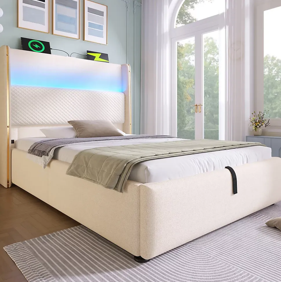 Lit 90x200 cm avec tête de lit haute tapissée lin beige, rangement hydraulique et éclairage LED