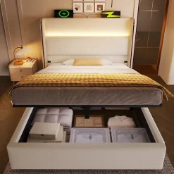 Lit 90x200 cm avec tête de lit haute tapissée lin beige, rangement hydraulique et éclairage LED