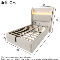 Lit 90x200 cm avec tête de lit haute tapissée lin beige, rangement hydraulique et éclairage LED