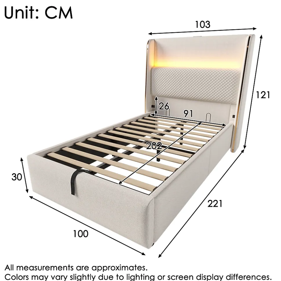 Lit 90x200 cm avec tête de lit haute tapissée lin beige, rangement hydraulique et éclairage LED
