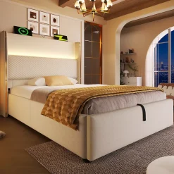 Lit 90x200 cm avec tête de lit haute tapissée lin beige, rangement hydraulique et éclairage LED