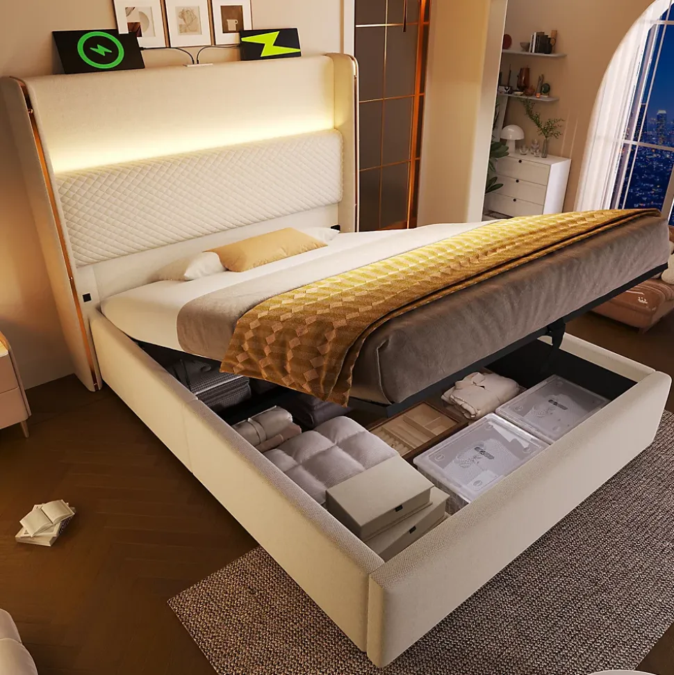 Lit 90x200 cm avec tête de lit haute tapissée lin beige, rangement hydraulique et éclairage LED