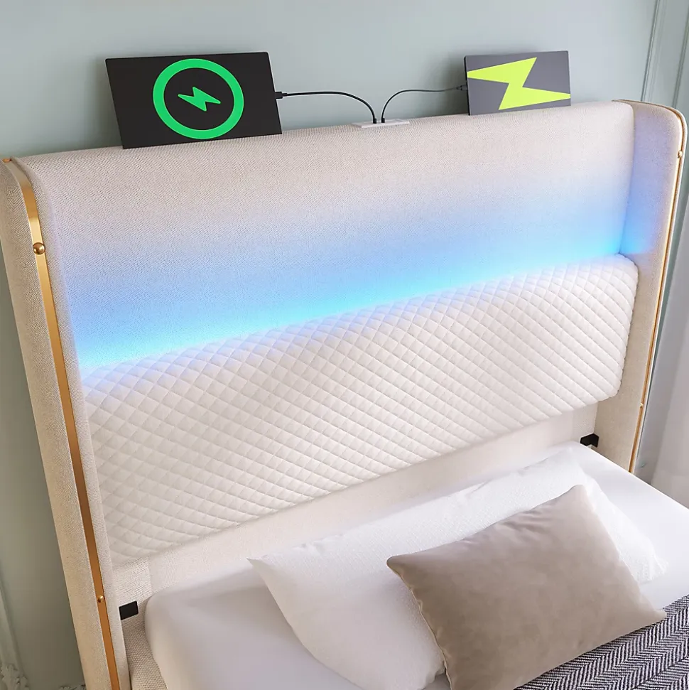 Lit 90x200 cm avec tête de lit haute tapissée lin beige, rangement hydraulique et éclairage LED