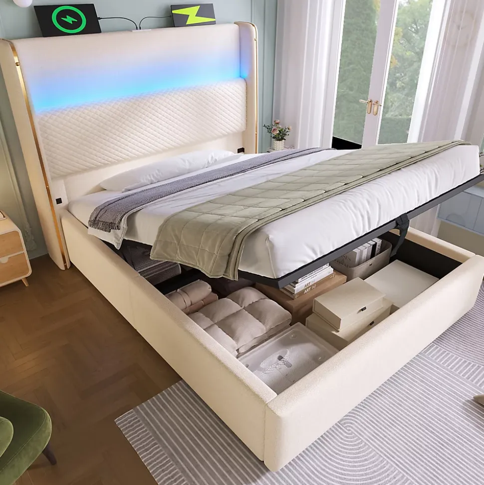 Lit 90x200 cm avec tête de lit haute tapissée lin beige, rangement hydraulique et éclairage LED