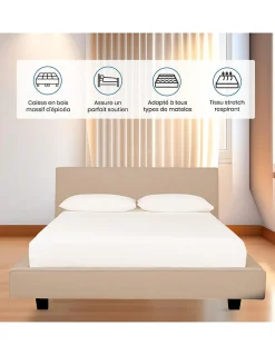 LIT 140x190 cm avec TÊTE de LIT TAPISSÉE en TISSU et SOMMIER en KIT