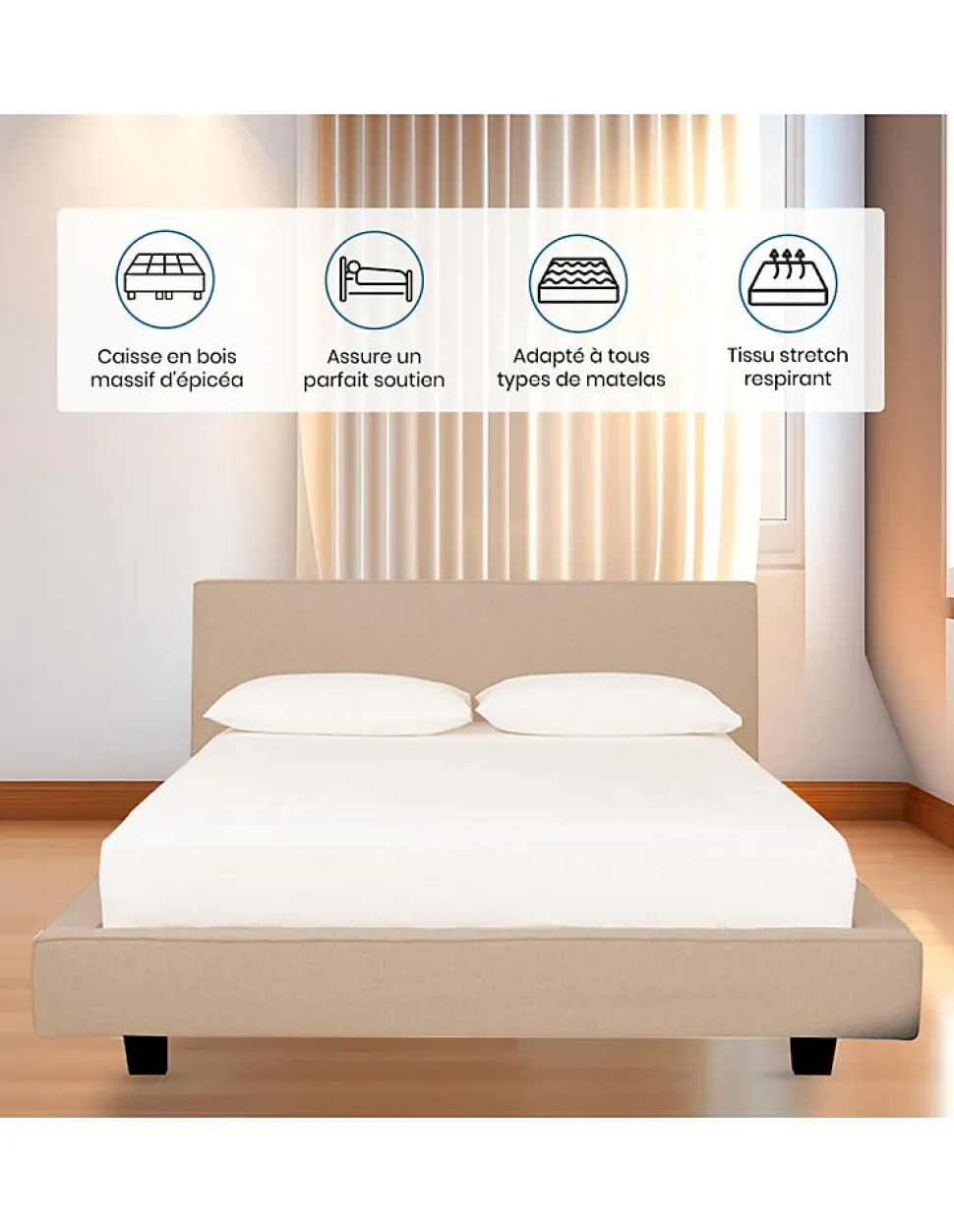 LIT 140x190 cm avec TÊTE de LIT TAPISSÉE en TISSU et SOMMIER en KIT