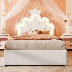 Lit 90x200 cm avec tête de lit réglable et rangement hydraulique, revêtement PU blanc, design couronne