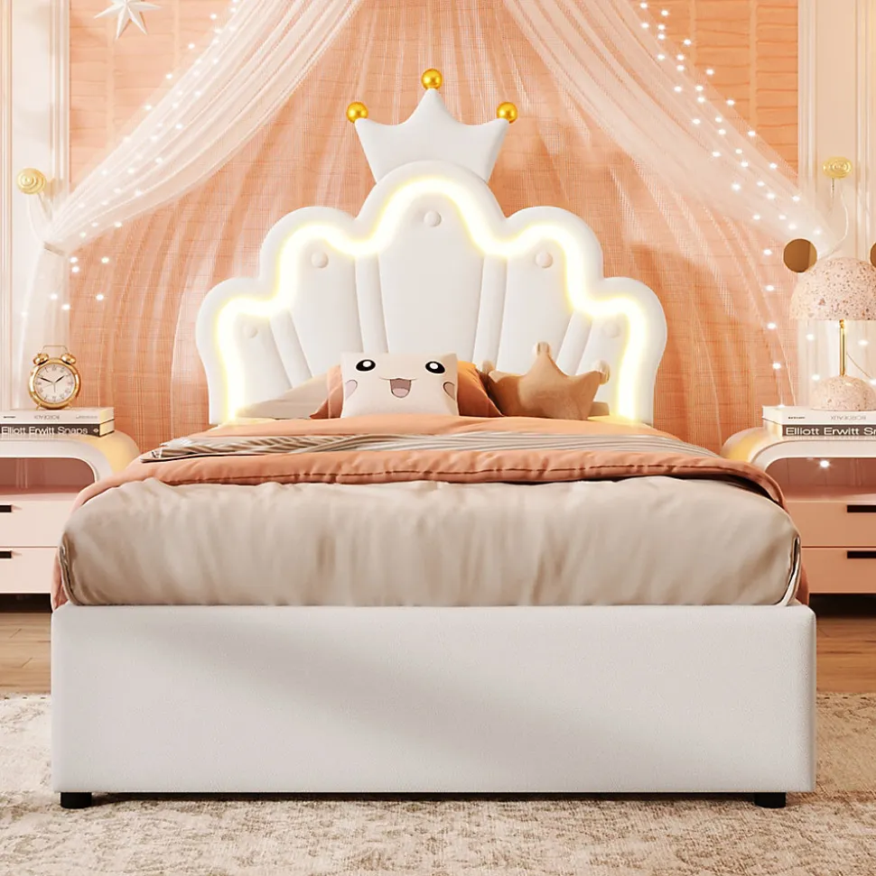 Lit 90x200 cm avec tête de lit réglable et rangement hydraulique, revêtement PU blanc, design couronne