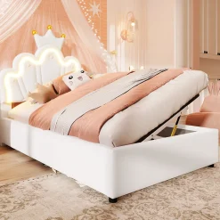 Lit 90x200 cm avec tête de lit réglable et rangement hydraulique, revêtement PU blanc, design couronne